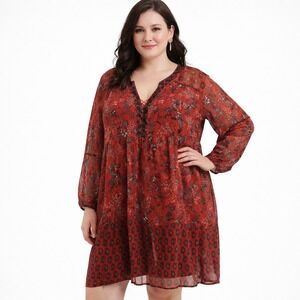 Knox Rose Boho Floral Paisley Chiffon Tunic Dress XXL Rust Red Embroidered Mini